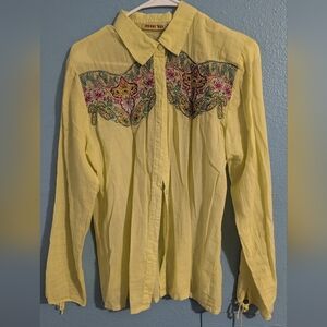 Johnny Was Lemon Blouse with Vibrant Embroidery